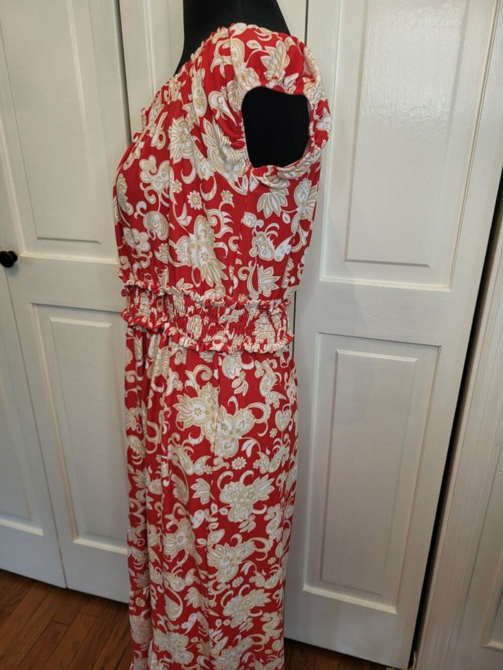Derek Heart Red Peasant Dress High Low XL Stretch Ruffle Boho Travel Vacation - Picture 3 of 11